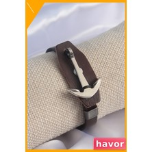 Havor Erkek Bileklik Deri Kayış Çapa Desenli Gümüş Aksesuar