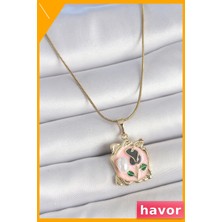 Havor Pembe Mineli Çiçek Işlemli Inci Detaylı Kadın Kolye 45CM Zincir