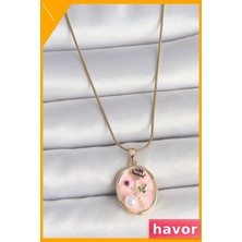 Havor Pembe Çiçek Işlemeli Inci Detaylı Kadın Kolye 45CM Zincir