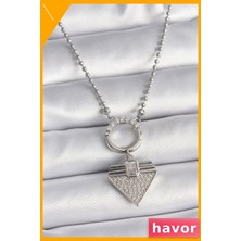 Havor Zirkon Taşlı Üçgen Kolye 45CM Çelik Zincir