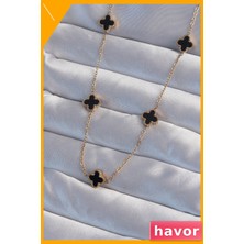 Havor Minimal Siyah Mine Yonca Kolye 316L Çelik Gold