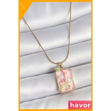 Havor Pembe Mineli Çiçek Işlemeli Kadın Kolye 45CM Zincir Uzunluğu