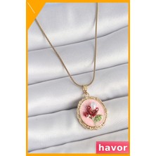Havor Pembe Mineli Çiçek Işlemeli Kadın Kolye 45CM Zincir