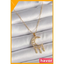 Havor Zirkon Taşlı Hilal Model Sallantı Yaprak Detaylı Kadın Kolye