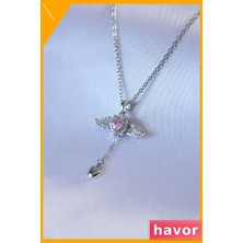 Havor Kanatlı Kalp Figürlü Zirkon Taş Detaylı Kadın Kolye 45CM