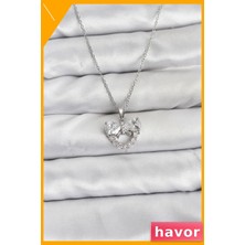 Havor Paslanmaz Çelik Kalp ve Fiyonk Desenli Zirkon Taşlı Kolye
