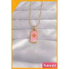 Havor Paslanmaz Çelik Tarot Sembollü Kolye Pembe Emaye Detaylı