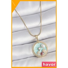 Havor Mavi Mineli Çiçek Desenli Zirkon Taşlı Kadın Kolye