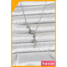 Havor Zirkon Taşlı Y Kolye 316L Paslanmaz Çelik Gümüş Renk Kadın