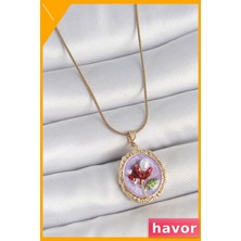 Havor Mor Mineli Çiçek Işlemeli Kadın Kolye 45CM Zincir Uzunluğu