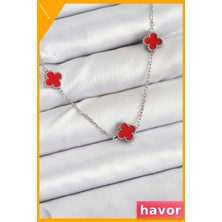 Havor Kırmızı Yonca Motifli Kadın Kolye 45CM Zincir