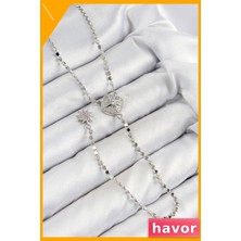 Havor Zirkon Taşlı Ezme Desenli Zincir Kolye Gümüş Renginde