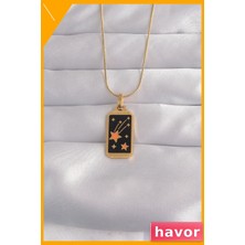 Havor Paslanmaz Çelik Tarot Kolye Siyah Mineli Yıldız Desenli