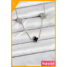 Havor Siyah Zirkon Taşlı Yonca Desenli Kadın Kolye 45CM