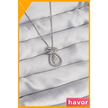 Havor Zirkon Taşlı Damla Kolye Fiyonk Detaylı Gümüş Renk