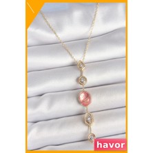 Havor Pembe Zirkon Taşlı Y Formu Kolye 45CM Zincir Uzunluğu