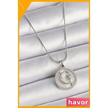 Havor Zirkon Taş Detaylı Beyaz Sedefli Ay Yıldız Işlemeli Kadın Kolye