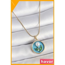 Havor Mavi Mineli Çiçek Desenli Kadın Kolyesi 45CM Zincir