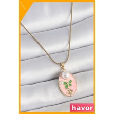 Havor Pembe Mineli Oval Incili Çiçek Işlemeli Kadın Kolye 45CM