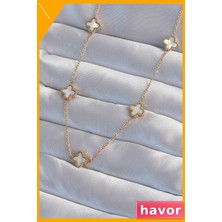 Havor Minimal Beyaz Sedefli Yonca Kolye 316L Çelik Gold