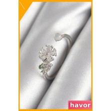 Havor Zirkon Taşlı Çiçek Desenli Kadın Yüzük Pirinç Malzeme