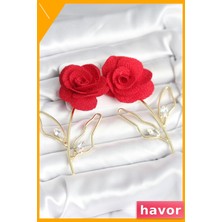 Havor Pirinç Gül Desenli Kırmızı Kadın Küpe