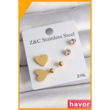 Havor Kararmaz Paslanmaz Çelik Kalp Şekilli Zirkon Taşlı Küpe Çifti
