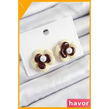 Havor Kadınlar Için Krem Kahverengi Papatya Desenli Küpe