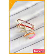 Havor Pirinç Zirkon Taşlı Sağ Kıkırdak Küpe Kırmızı Turuncu Pembe