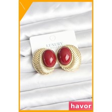 Havor Oval Bordo Boncuklu Vintage Pirinç Kadın Küpe