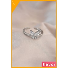 Havor Kelebek Model Zirkon ve Kristal Taşlı Ayarlanabilir Metal Yüzük Kadın Aksesuar