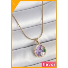 Havor Mor Çiçek Desenli Zirkon Taşlı Kadın Kolyesi 45CM