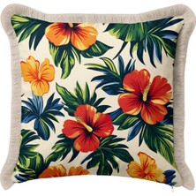 Hanna Home Saçaklı Kırlent Kılıfı Tropikal Desenli Kırlent Kılıfı Koltuk Takımı Aksesuarı 43X43 cm