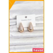 Havor Zirkon Taşlı Damla Model Kadın Küpe 316L Paslanmaz Çelik Gold