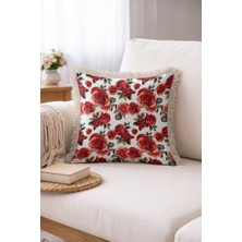 Hanna Home Dekoratif Yastık Kılıfı Tropikal Çiçek Desenli Koltuk Takımı Aksesuarı Saçaklı Kırlent Kılıfı 43X43 cm