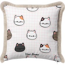 Hanna Home Saçaklı Kırlent Kılıfı Kedi Figürlü Hayvan Desenli Kırlent Kılıfı Oturma Odası Kırlenti 43X43 cm