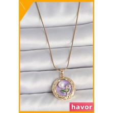 Havor Mor Çiçek Desenli Inci Detaylı Kadın Kolye 45CM