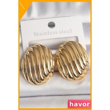 Havor Pirinç Oval Küpe Kadın Aksesuarı Altın Renk Işlemeli