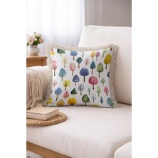Hanna Home Saçaklı Yastık Kılıfı Renkli Ağaç Temalı Çiçekli Dekoratif Kırlent Kılıfı Kanepe Dekorasyonu 43X43 cm