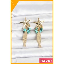 Havor Mavi Taşlı Gold Renk Deniz Yıldızı ve Balık Detaylı Kadın Küpe