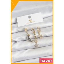 Havor Zirkon Taşlı Ay Yıldız Desenli Üçlü Küpe Seti