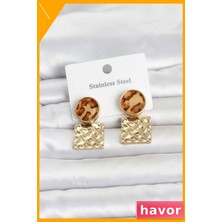 Havor Leopar Desenli Plaka Model Kadın Küpe 316L Çelik Gold