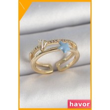 Havor Ayarlanabilir Pirinç Yüzük Zirkon Taşlı Mavi Yıldız Desenli