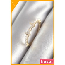 Havor Zirkon Taşlı Pirinç Yüzük Kurdele ve Inci Detaylı
