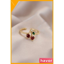 Havor Ayarlanabilir Metal Yüzük Zirkon Taşlı Kiraz Desenli