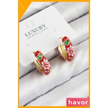 Havor Pirinç Kırmızı Çiçek Desenli Mineli Kadın Küpe