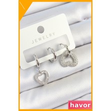 Havor Zirkon Taşlı Kalp Desenli 3'lü Küpe Seti Gümüş Kaplama
