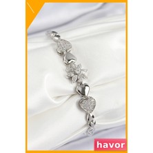 Havor Zirkon Taşlı Kalp Detaylı Çiçek Desenli Kadın Bilekliği