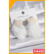 Havor Tüylü Yıldız Ponponlu Kadın Küpe Beyaz Renk