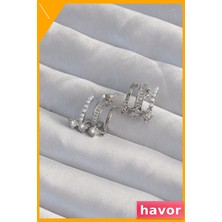 Havor Pirinç Yarım Halka Küpe Zirkon Taşlı Inci Detaylı